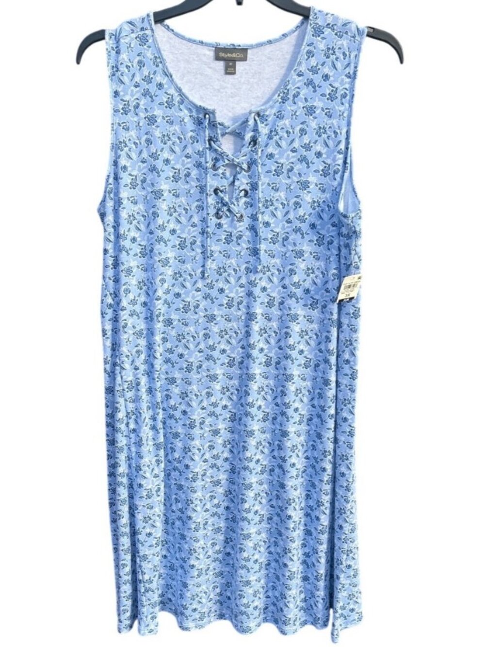 Style & Co Womens 3X Blue Floral Sleeveless Flip Flop Dress Lace-Up Neckline